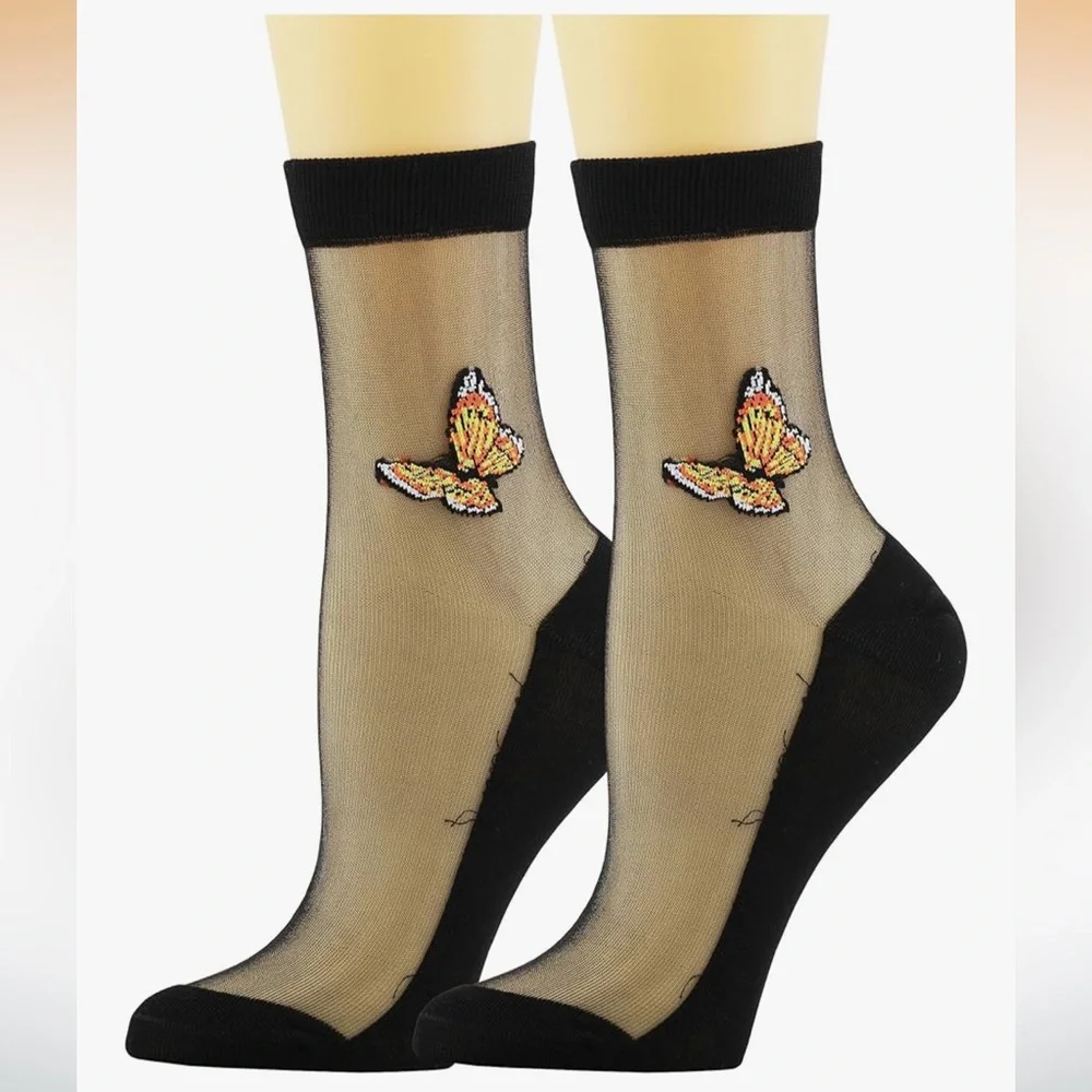 🆕 Floral Embroidered Sheer Ankle Socks - Black